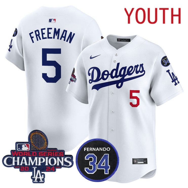 Youth MLB Los Angeles Dodgers #5 Freeman white 2024 World Series Champions Patch Limited Jersey->youth mlb jersey->Youth Jersey